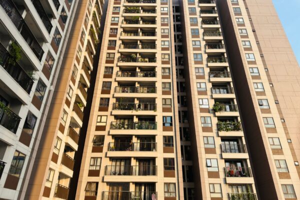 Exterior of a downtown St. Petersburg condominium tower with balconies