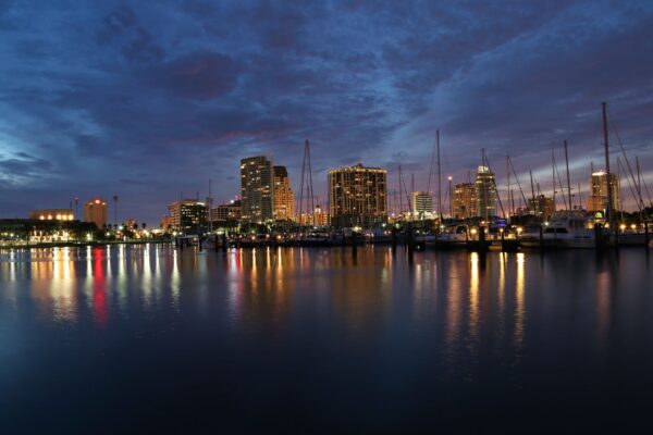 St. Petersburg downtown skyline and marina at dusk