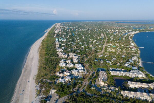 Aerial view of an island community with waterfront homes near Tierra Verde